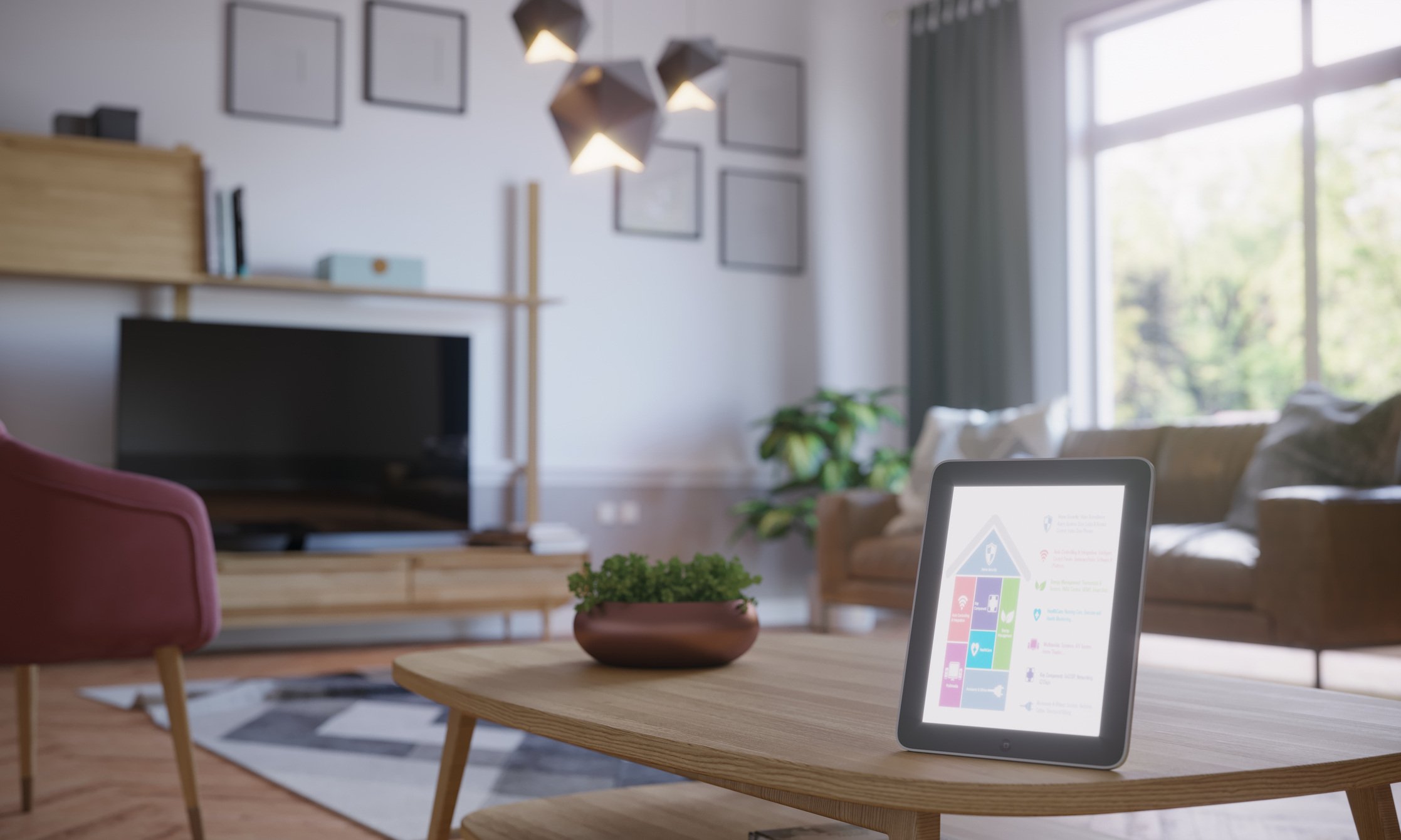 Smart home tablet in a living room